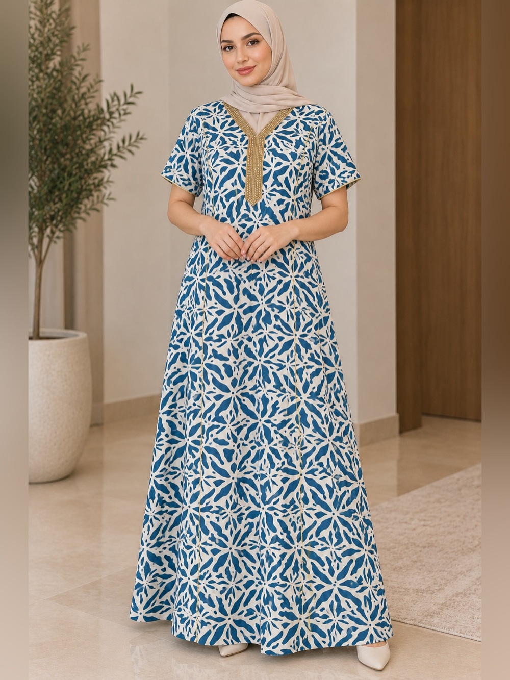 Blue and White Floral Maxi Dress with Contrast Trim galabiya